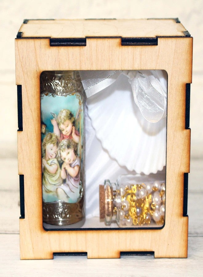 Ooki Handmade Angel Watching Over Colorful 4pc Devotional Set Wood Box Mi Bautizo Baptism Gift Set Rosary Candle Communion Espanol Nina Nino Favor Velas Recuerdos - Image 1
